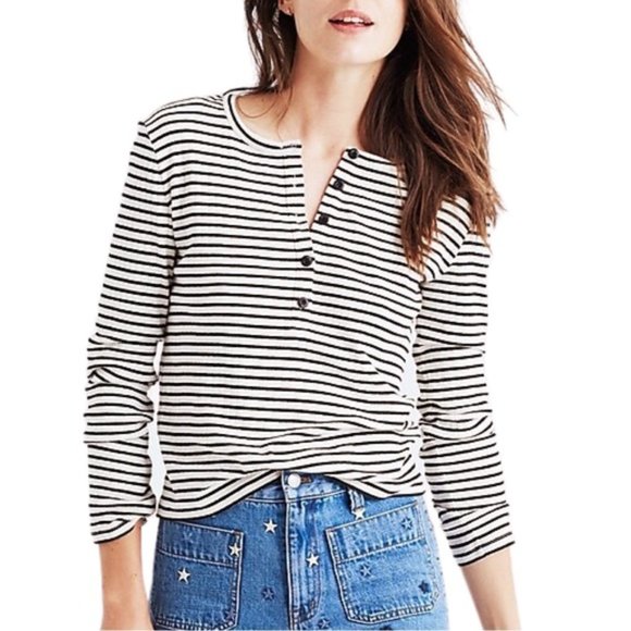 Madewell Tops - Madewell | Striped Henley Tee with Black and White Stripes